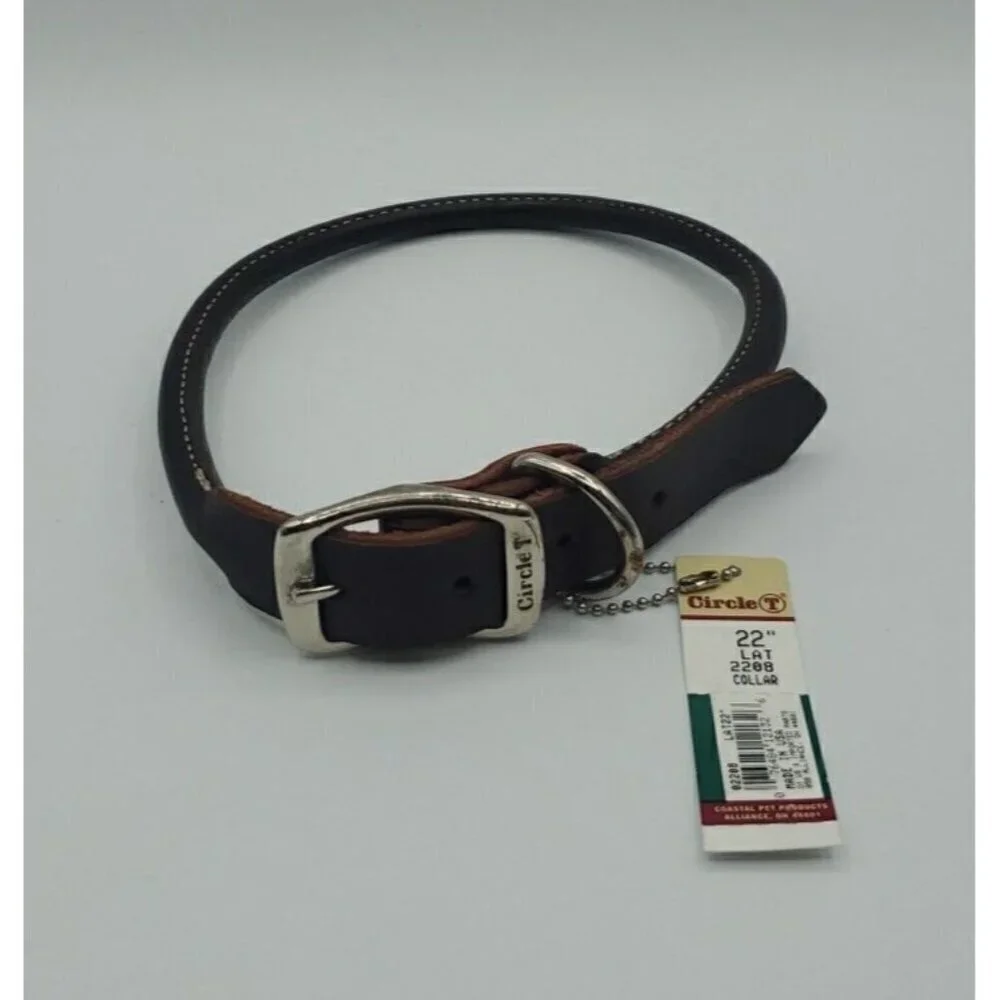 Circle T Pet Brown Leather Round Flat Rolled Dog Collar - 22 Inch NWT